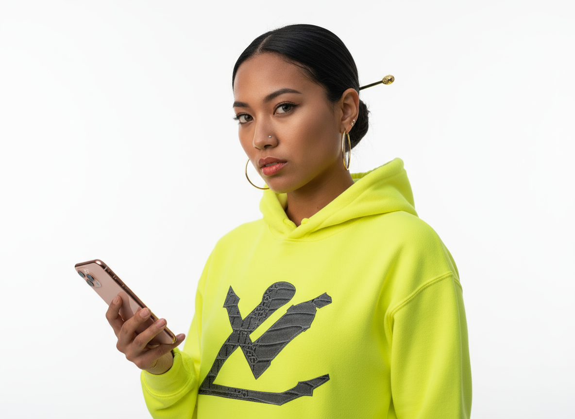 NEON YELLOW HOODIE from NUCLEAR NEON CAPSULE by BEYOND UNIQUE COLLECTION UNISEX, MENS and WOMENS

Our weapons of choice unisex neon yellow 100% cotton & vegan crocodile leather. Hand made USA